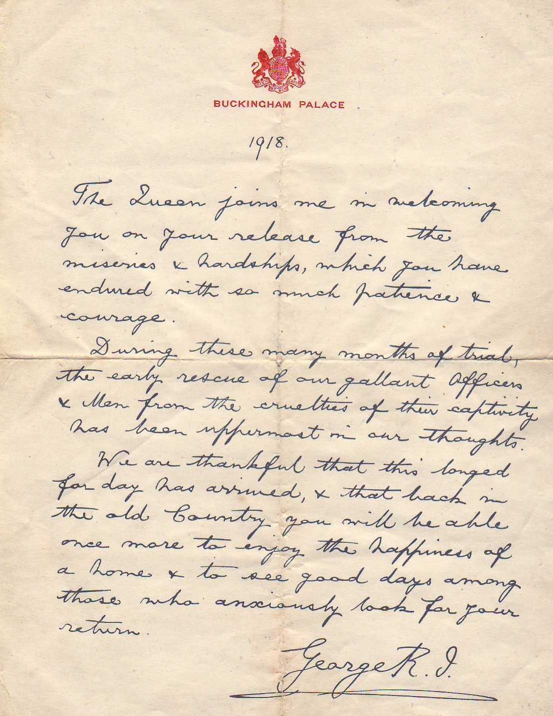 Message manuscrit du roi George V aux prisonniers de guerre en Allemagne